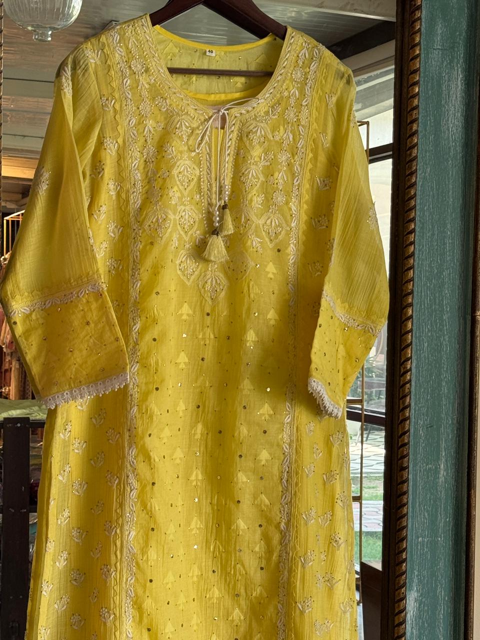 Yellow Shade Malmal Mukaish Kamdani Chikankari Kurta Dupatta Set