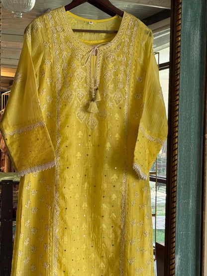 Yellow Shade Malmal Mukaish Kamdani Chikankari Kurta Dupatta Set