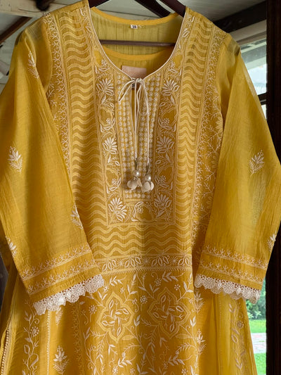 Yellow Shade Malmal Pearl White Chikankari Ready to Wear Kurta Set