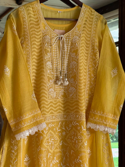 Yellow Shade Malmal Pearl White Chikankari Ready to Wear Kurta Set