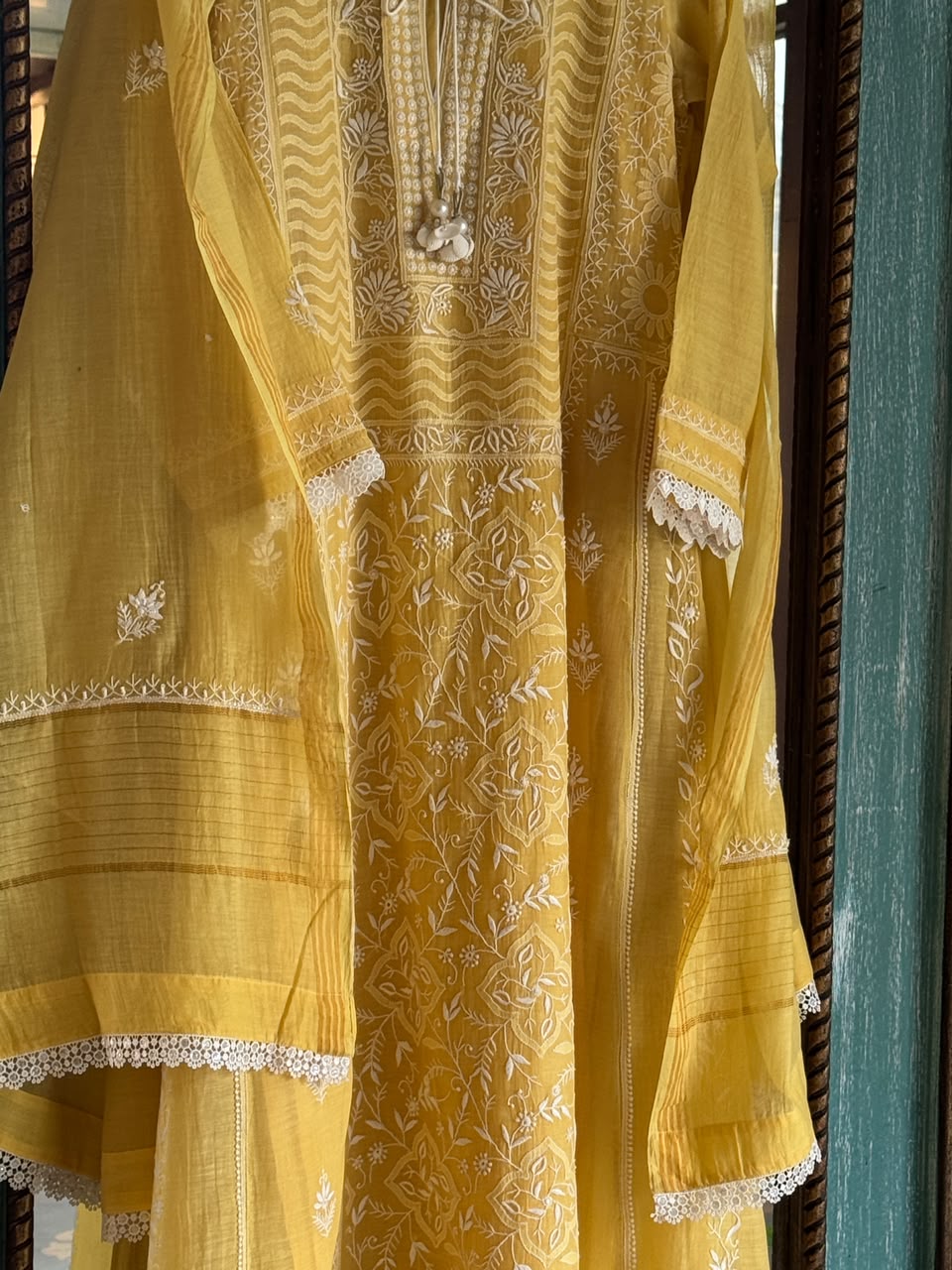 Yellow Shade Malmal Pearl White Chikankari Ready to Wear Kurta Set