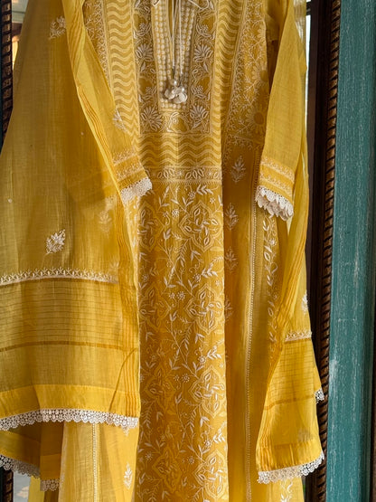 Yellow Shade Malmal Pearl White Chikankari Ready to Wear Kurta Set