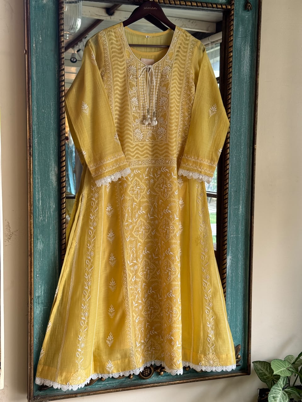 Yellow Shade Malmal Pearl White Chikankari Ready to Wear Kurta Set