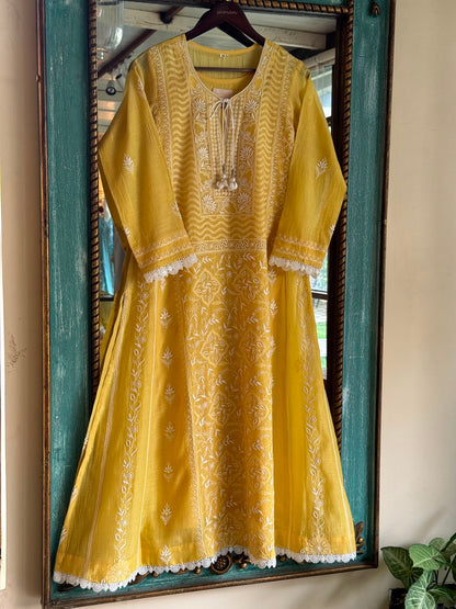 Yellow Shade Malmal Pearl White Chikankari Ready to Wear Kurta Set
