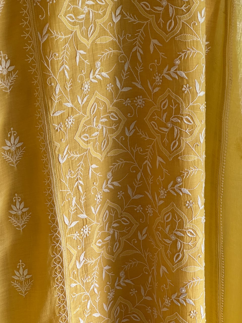 Yellow Shade Malmal Pearl White Chikankari Ready to Wear Kurta Set