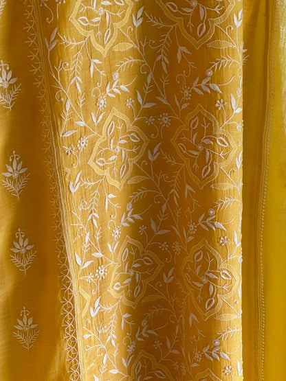 Yellow Shade Malmal Pearl White Chikankari Ready to Wear Kurta Set