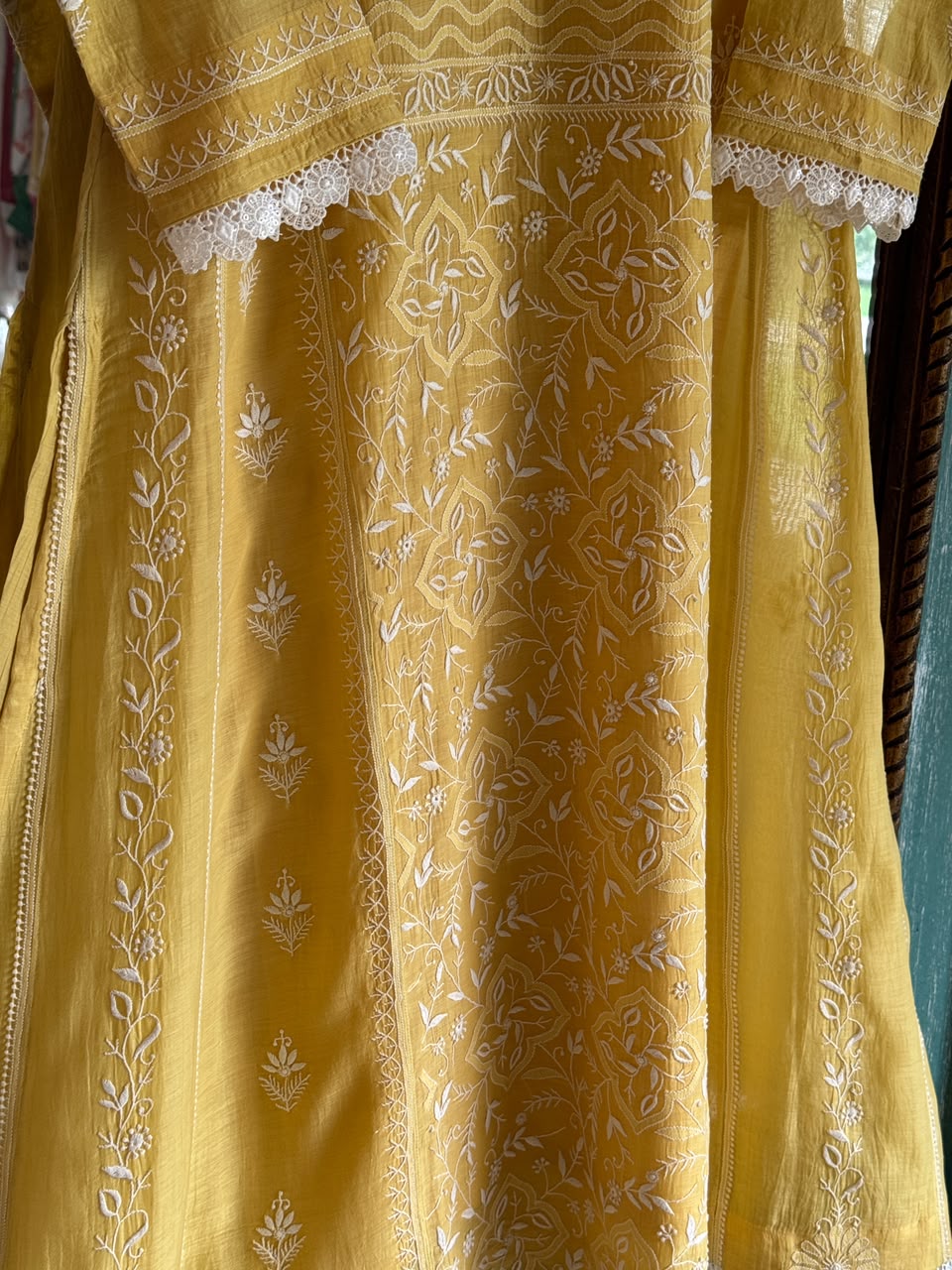 Yellow Shade Malmal Pearl White Chikankari Ready to Wear Kurta Set