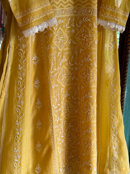 Yellow Shade Malmal Pearl White Chikankari Ready to Wear Kurta Set