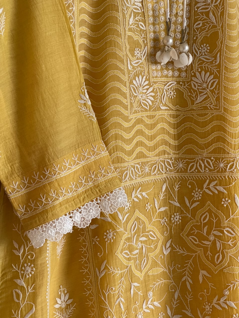 Yellow Shade Malmal Pearl White Chikankari Ready to Wear Kurta Set