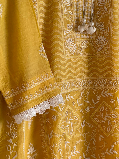 Yellow Shade Malmal Pearl White Chikankari Ready to Wear Kurta Set