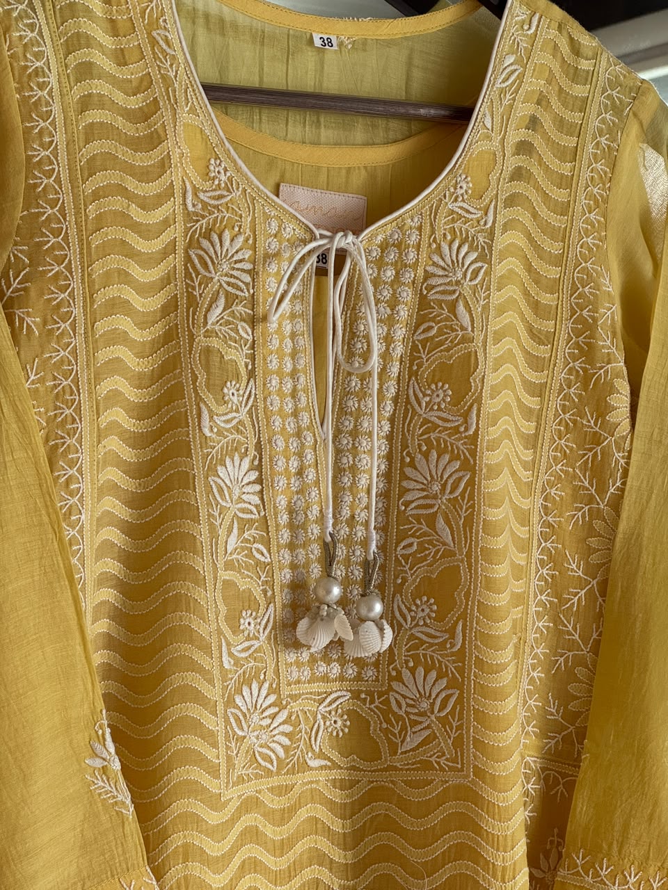 Yellow Shade Malmal Pearl White Chikankari Ready to Wear Kurta Set