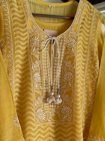 Yellow Shade Malmal Pearl White Chikankari Ready to Wear Kurta Set