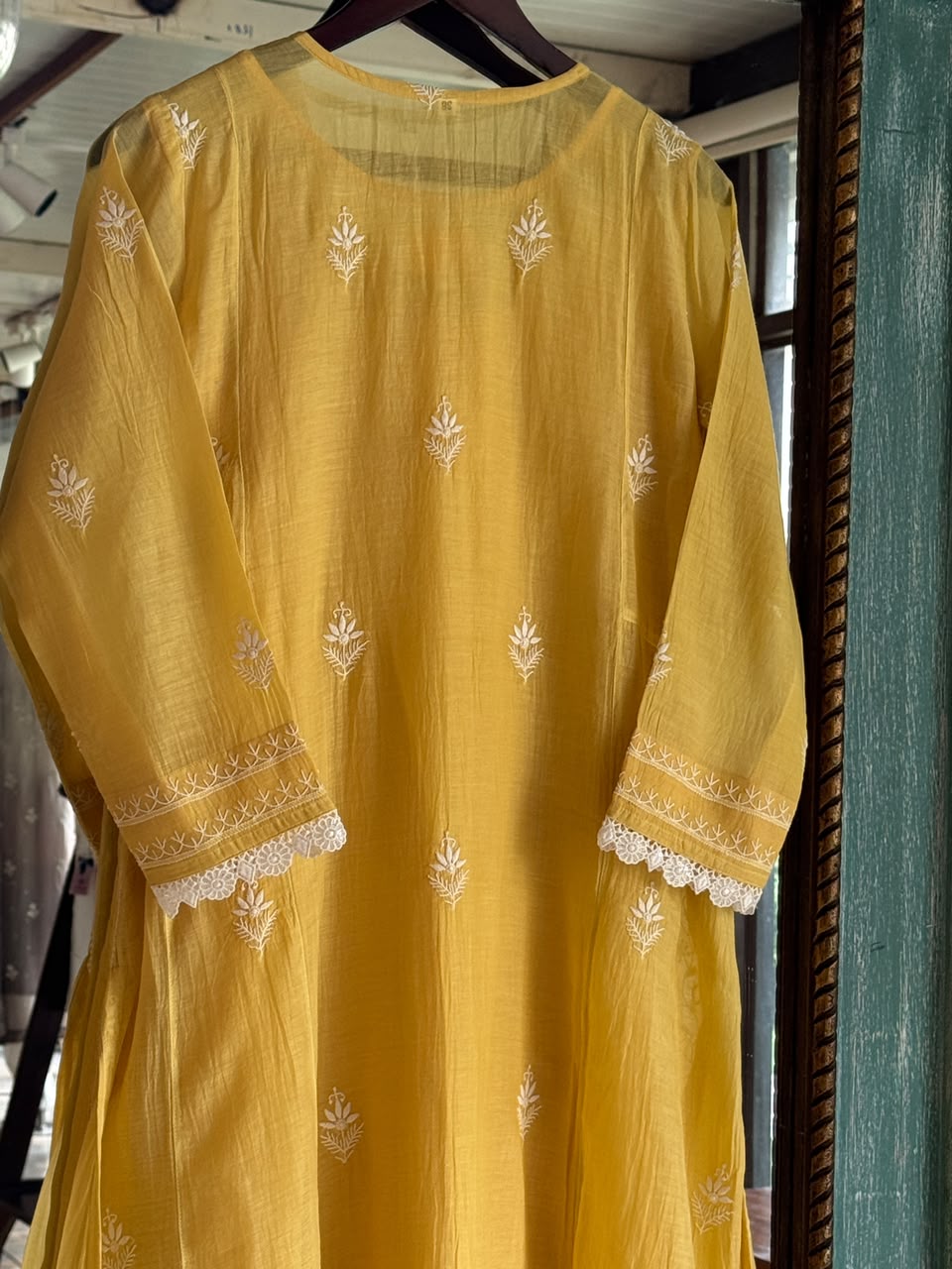 Yellow Shade Malmal Pearl White Chikankari Ready to Wear Kurta Set