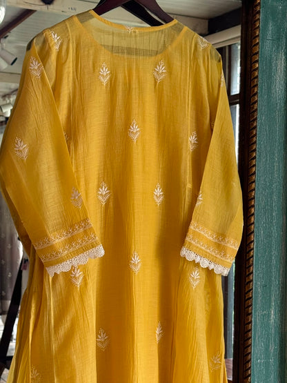 Yellow Shade Malmal Pearl White Chikankari Ready to Wear Kurta Set