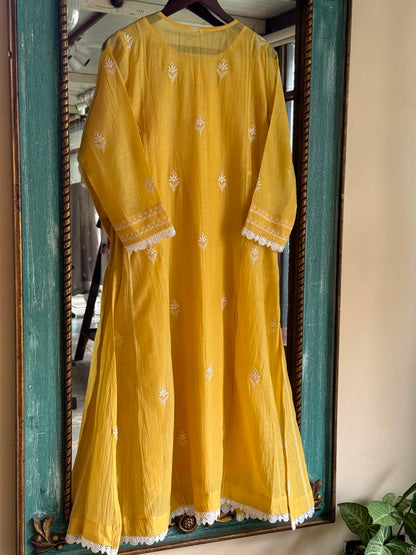 Yellow Shade Malmal Pearl White Chikankari Ready to Wear Kurta Set