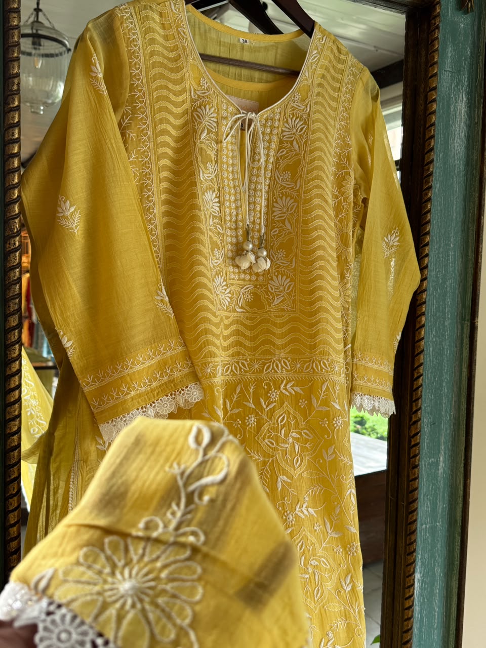 Yellow Shade Malmal Pearl White Chikankari Ready to Wear Kurta Set