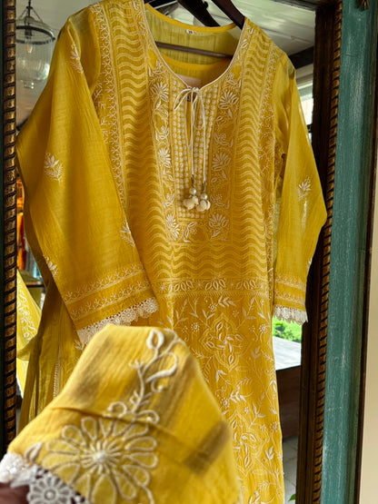 Yellow Shade Malmal Pearl White Chikankari Ready to Wear Kurta Set