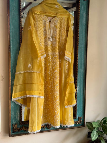 Yellow Shade Malmal Pearl White Chikankari Ready to Wear Kurta Set