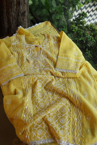 Yellow Shade Malmal Straight Cut Chikankari Pearl & Sequins Kurta Set