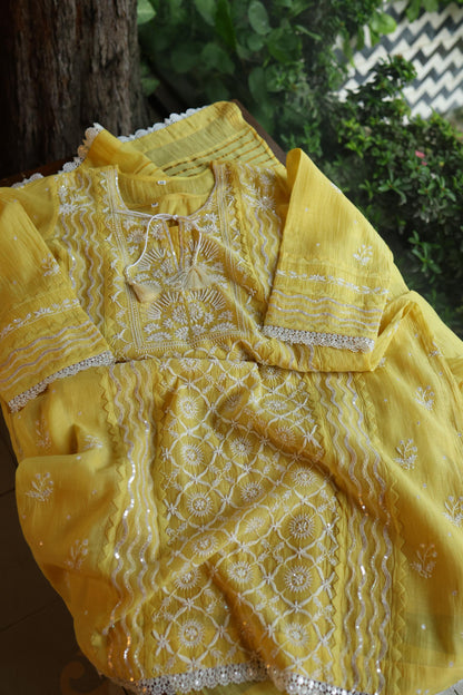 Yellow Shade Malmal Straight Cut Chikankari Pearl & Sequins Kurta Set