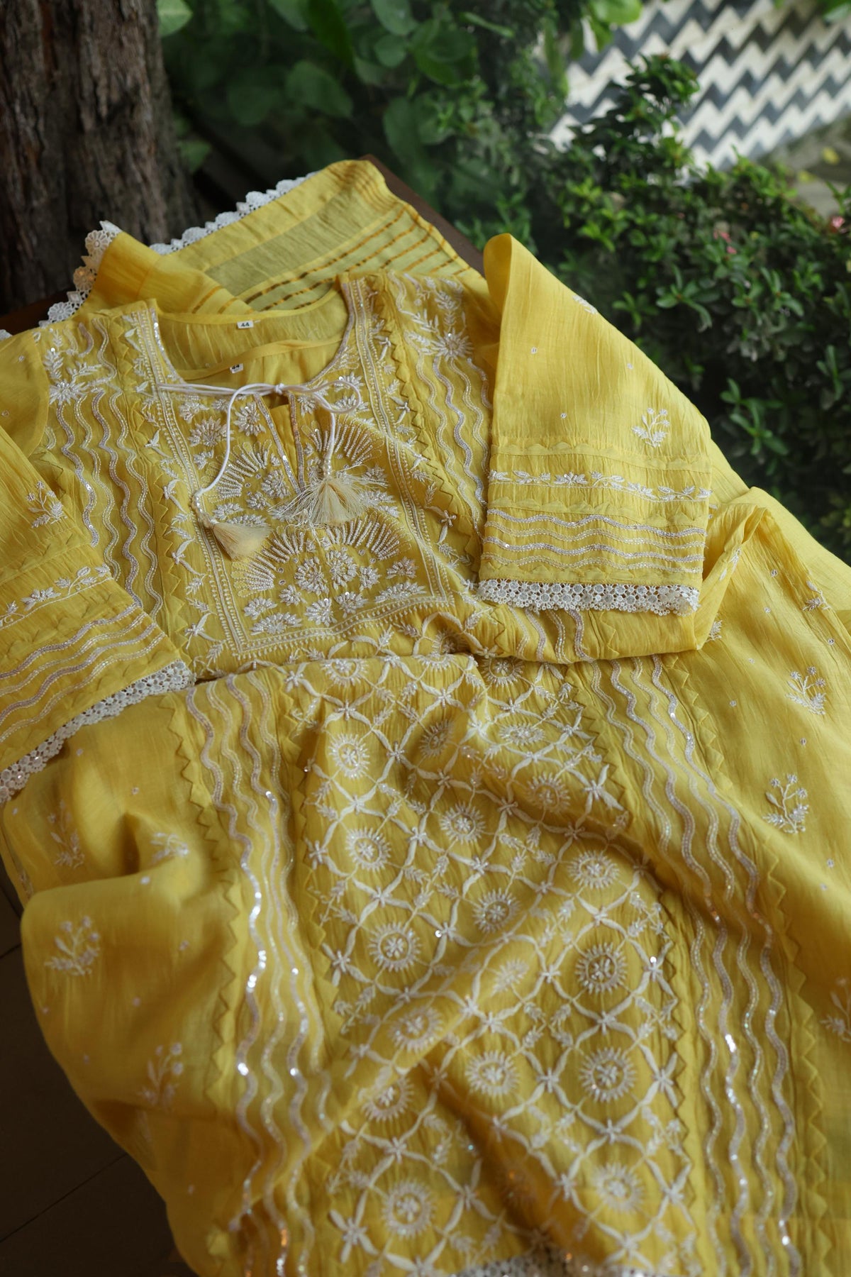 Yellow Shade Malmal Straight Cut Chikankari Pearl & Sequins Kurta Set