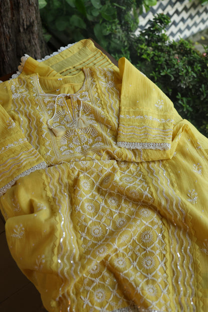 Yellow Shade Malmal Straight Cut Chikankari Pearl & Sequins Kurta Set