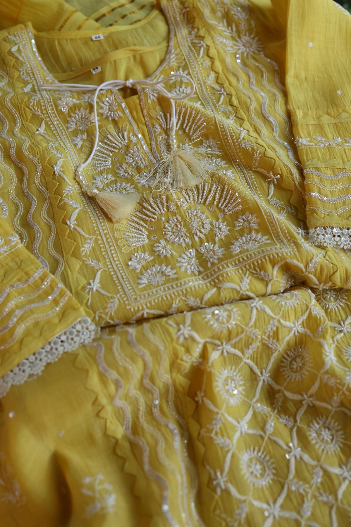 Yellow Shade Malmal Straight Cut Chikankari Pearl & Sequins Kurta Set