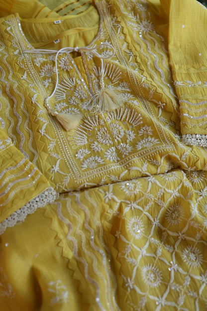 Yellow Shade Malmal Straight Cut Chikankari Pearl & Sequins Kurta Set