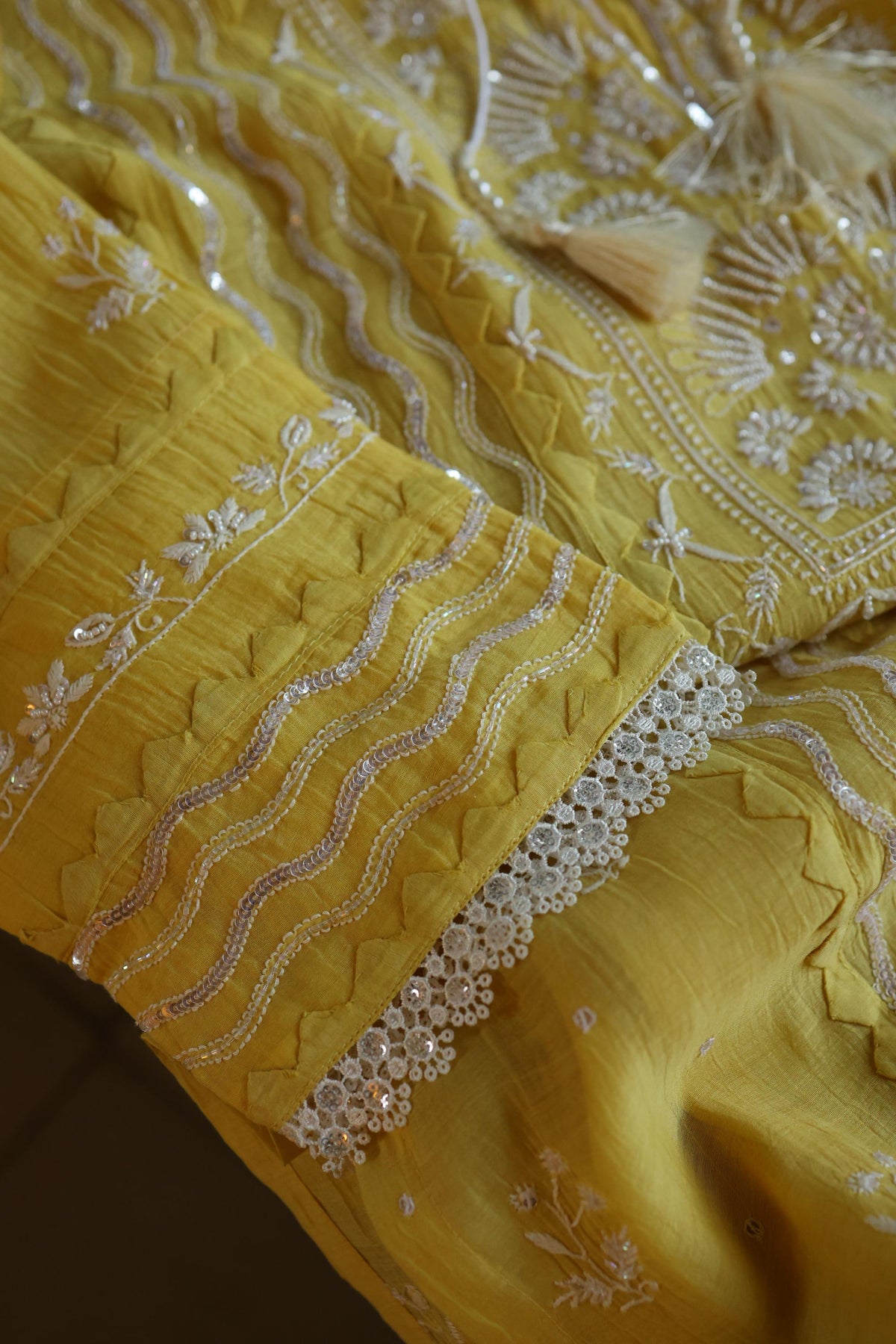 Yellow Shade Malmal Straight Cut Chikankari Pearl & Sequins Kurta Set