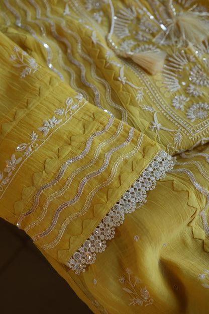 Yellow Shade Malmal Straight Cut Chikankari Pearl & Sequins Kurta Set
