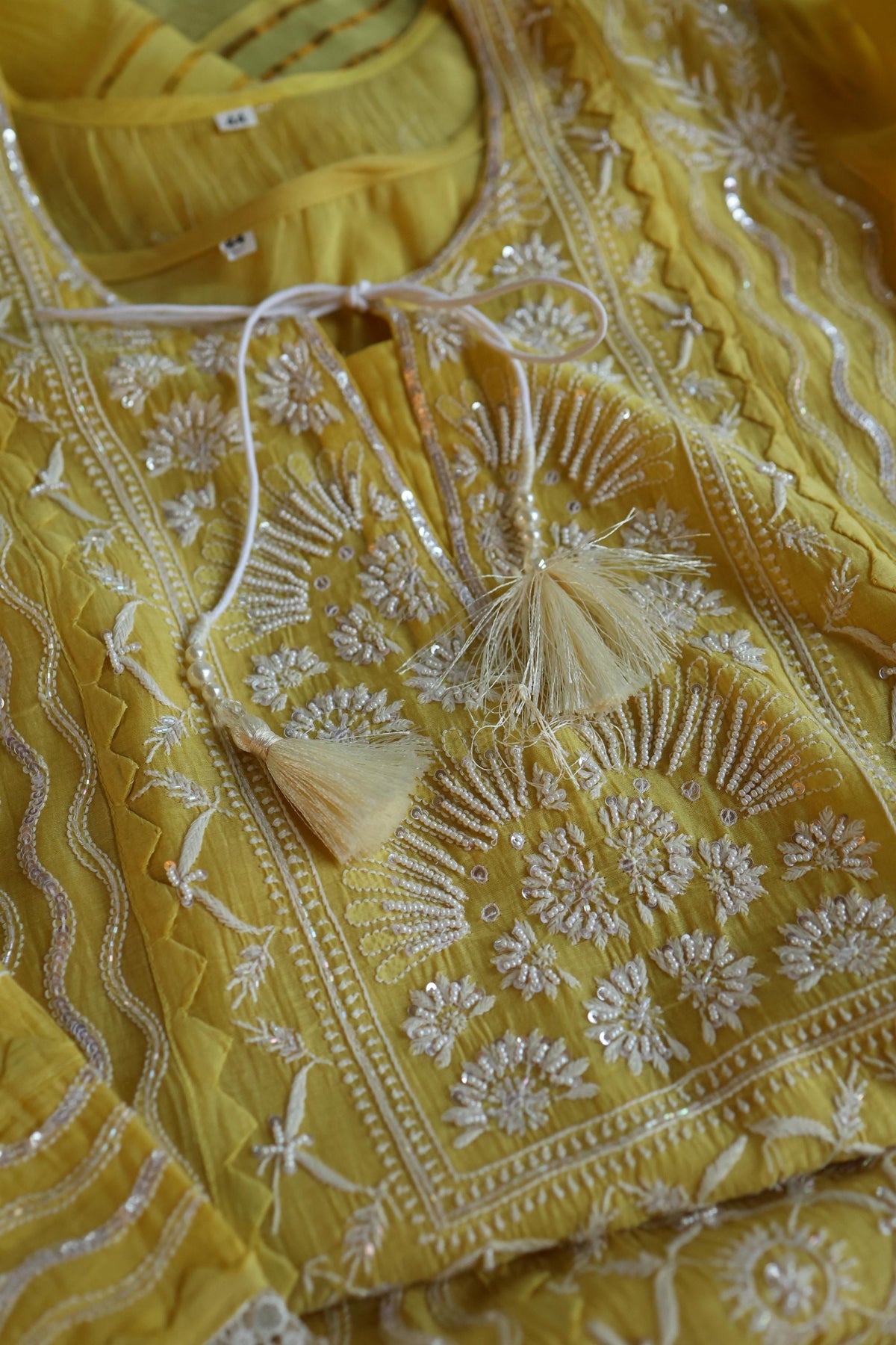 Yellow Shade Malmal Straight Cut Chikankari Pearl & Sequins Kurta Set