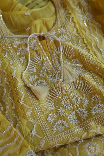 Yellow Shade Malmal Straight Cut Chikankari Pearl & Sequins Kurta Set