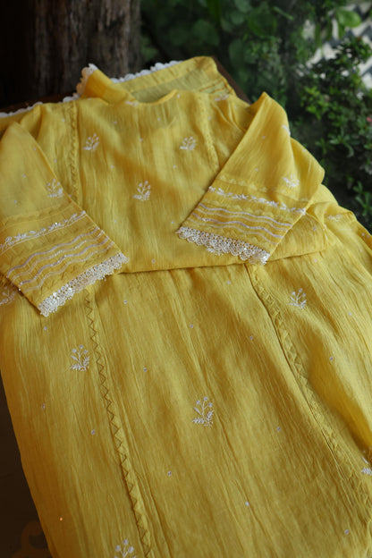 Yellow Shade Malmal Straight Cut Chikankari Pearl & Sequins Kurta Set