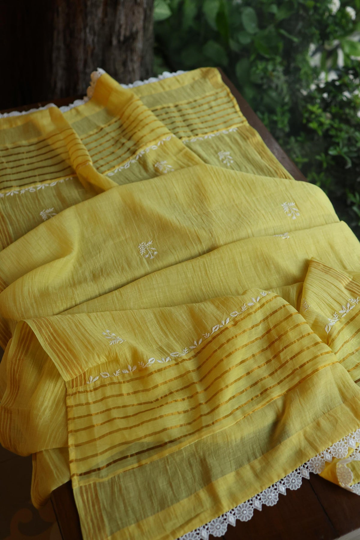 Yellow Shade Malmal Straight Cut Chikankari Pearl & Sequins Kurta Set