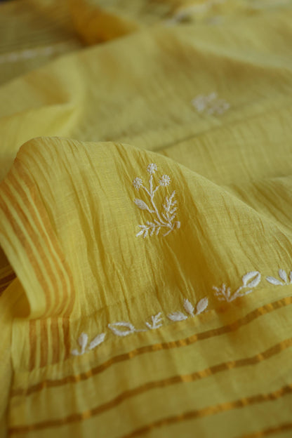 Yellow Shade Malmal Straight Cut Chikankari Pearl & Sequins Kurta Set