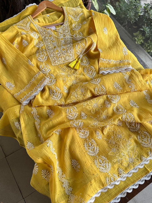Yellow Shade Mul Chanderi Mukaish Kamdani Chikankari Stitched Kurta Dupatta Set