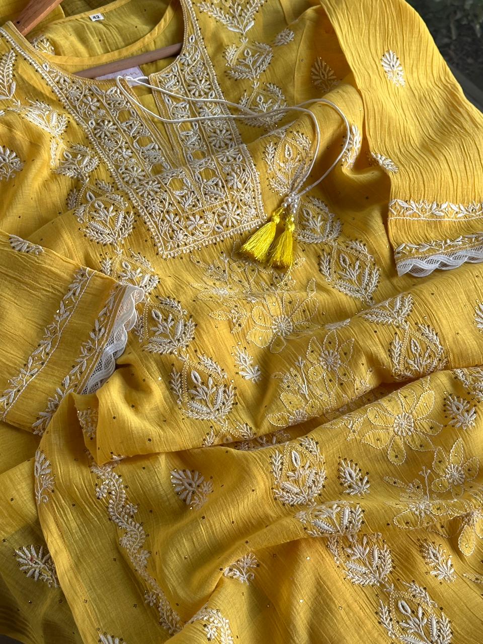 Yellow Mal Mukaish Chikankari Kurta Dupatta Set