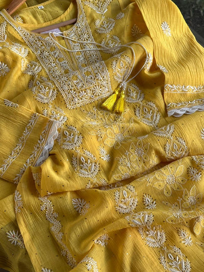 Yellow Mal Mukaish Chikankari Kurta Dupatta Set