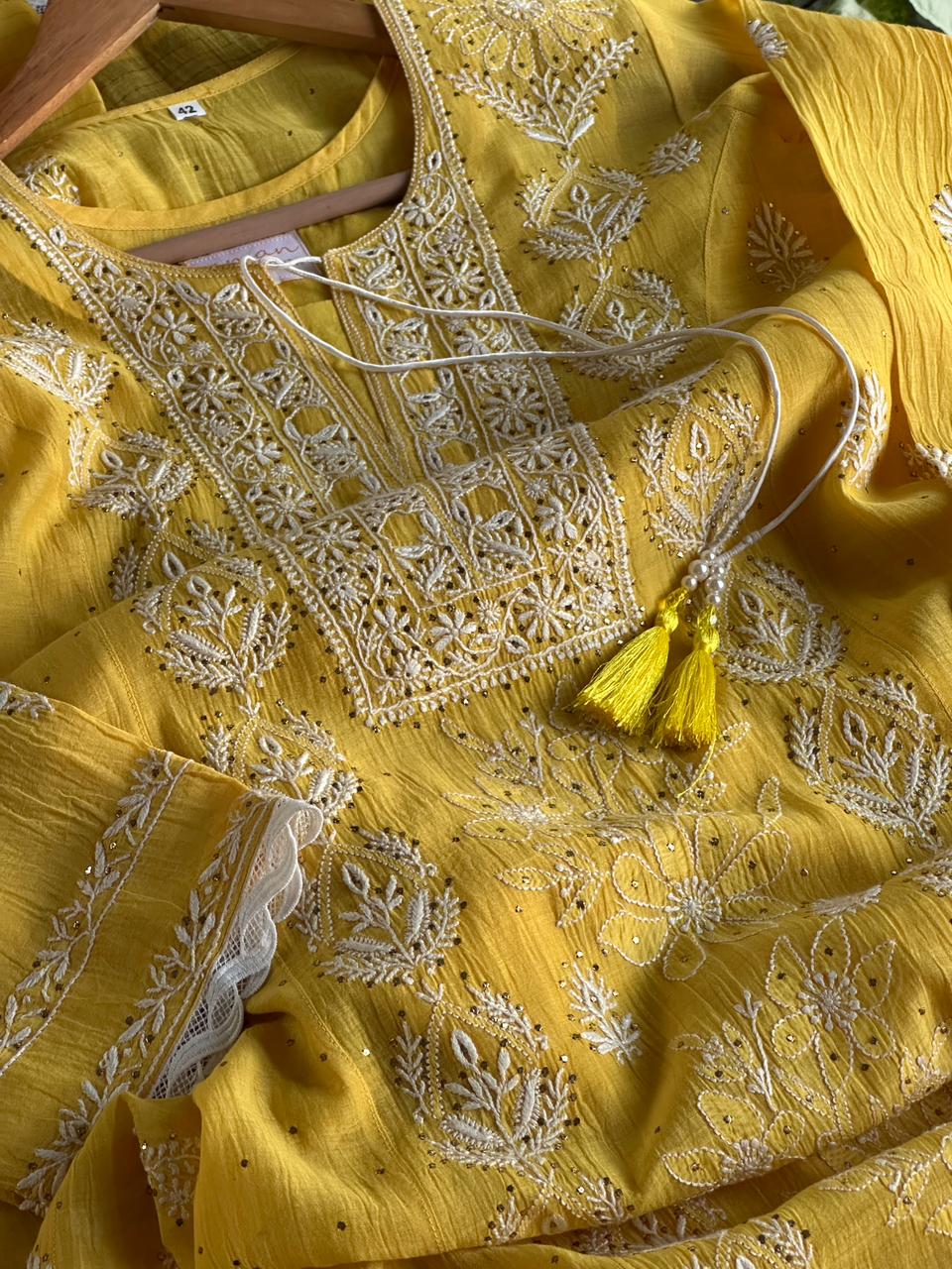 Yellow Mal Mukaish Chikankari Kurta Dupatta Set