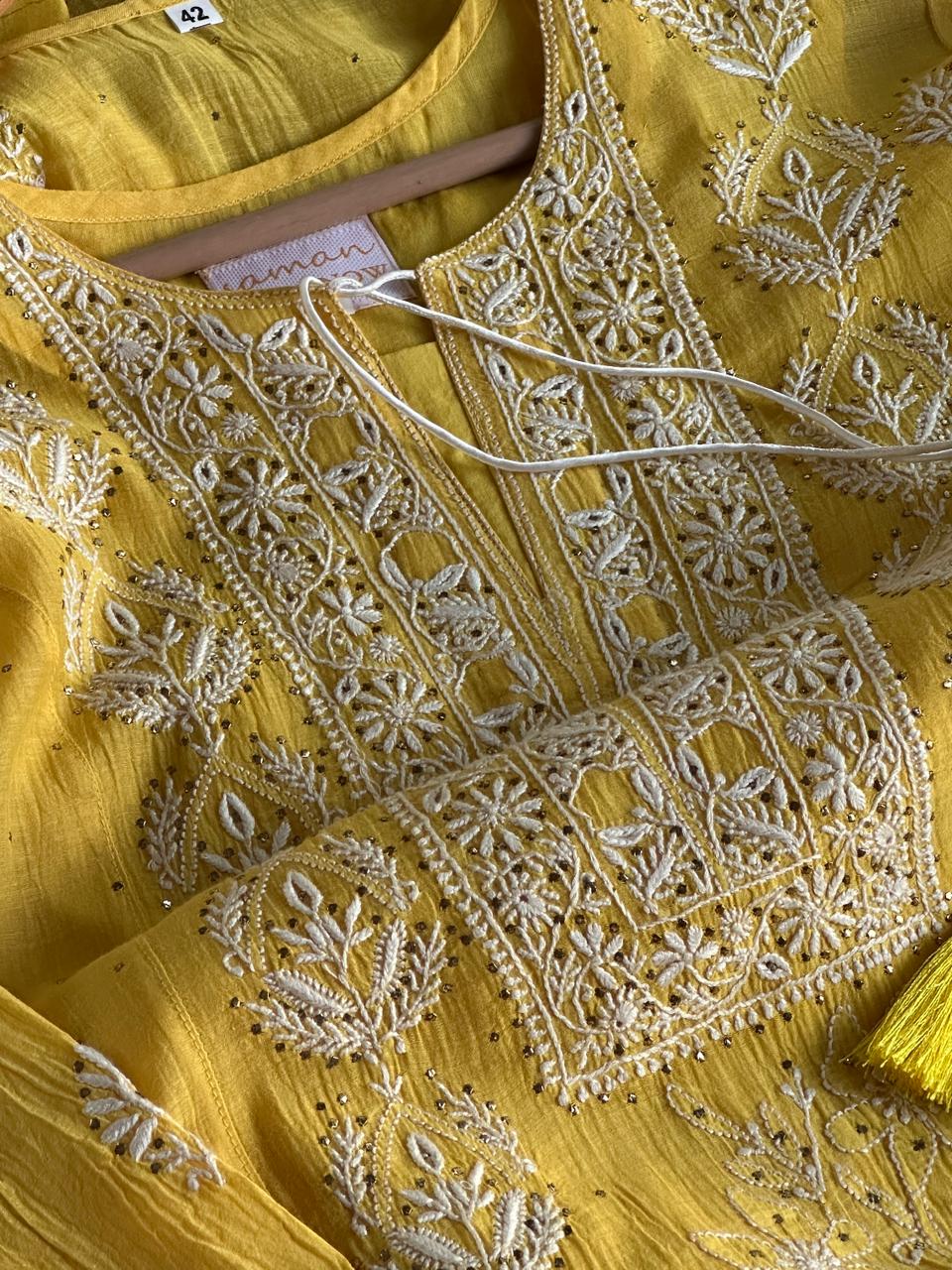 Yellow Mal Mukaish Chikankari Kurta Dupatta Set