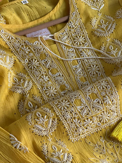 Yellow Mal Mukaish Chikankari Kurta Dupatta Set