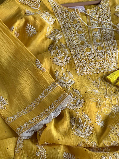 Yellow Mal Mukaish Chikankari Kurta Dupatta Set