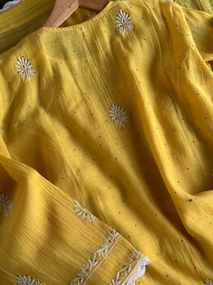Yellow Mal Mukaish Chikankari Kurta Dupatta Set