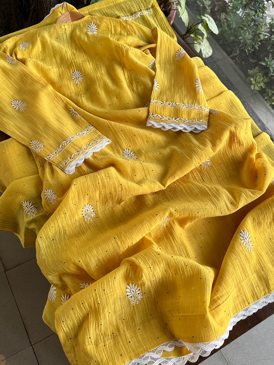 Yellow Mal Mukaish Chikankari Kurta Dupatta Set