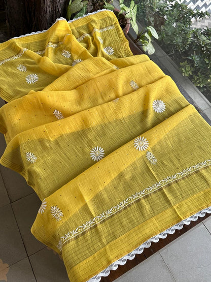Yellow Mal Mukaish Chikankari Kurta Dupatta Set