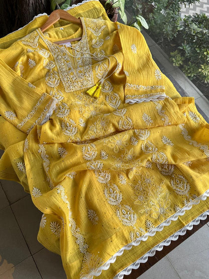 Yellow Mal Mukaish Chikankari Kurta Dupatta Set