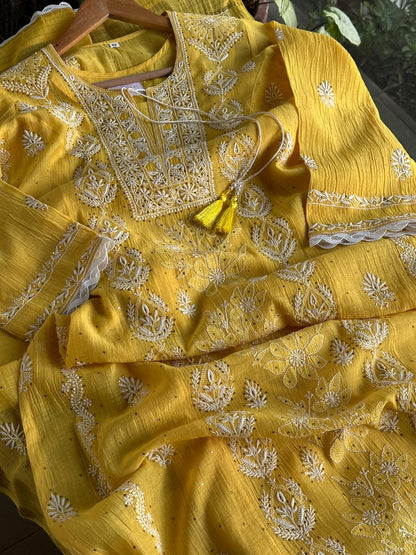 Yellow Mal Mukaish Chikankari Kurta Dupatta Set