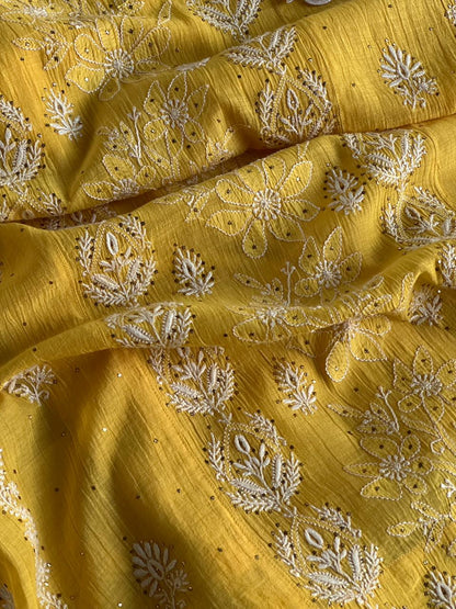 Yellow Mal Mukaish Chikankari Kurta Dupatta Set