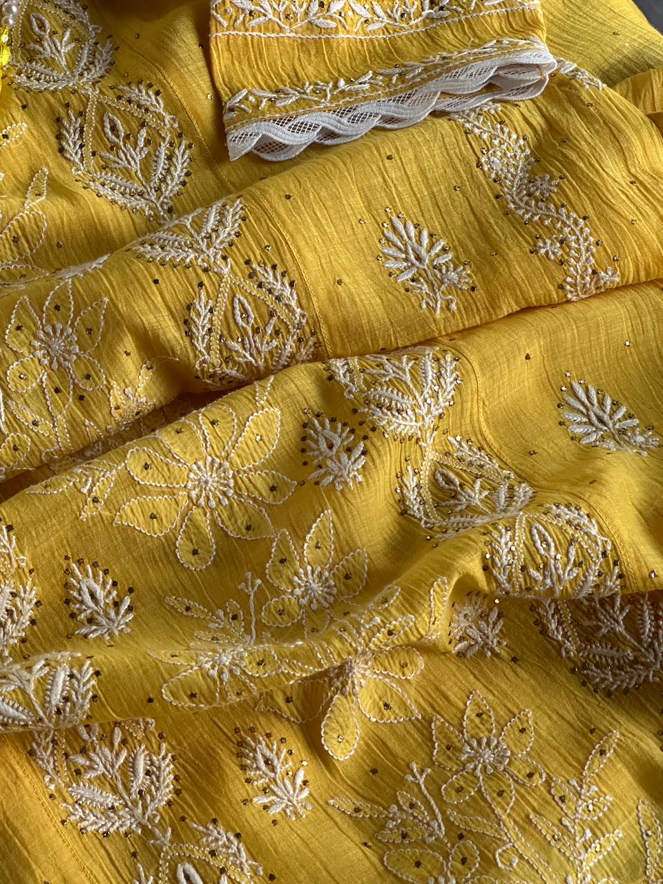 Yellow Mal Mukaish Chikankari Kurta Dupatta Set