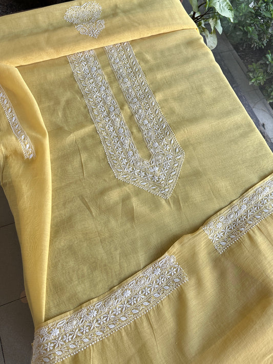 Yellow Shade Mulmul Chikankari Unstitched Men's Kurtas Fabric